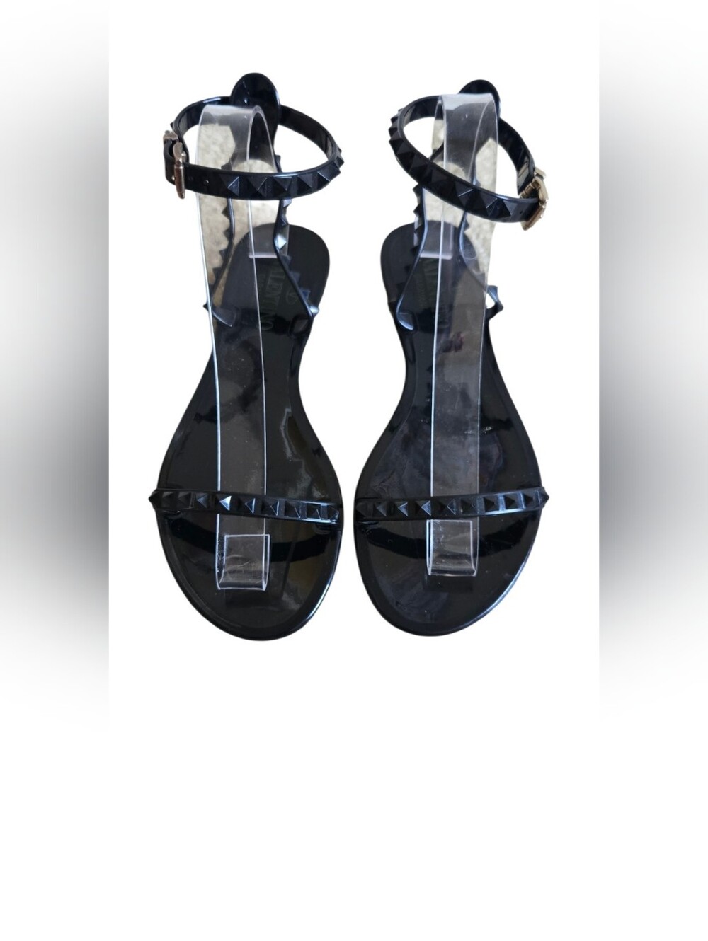 Valentino Garavani Rockstud Black Jelly Flat Sandals Ankle Strap EU 37 / US 7